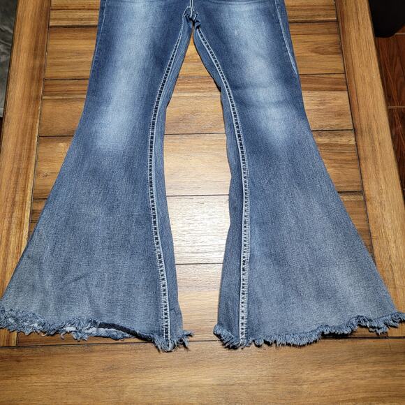 Grace In LA High Waist Denim Jeans w/ Raw Hem Bell Bottoms & Bling - Size 28 - Picture 3 of 10